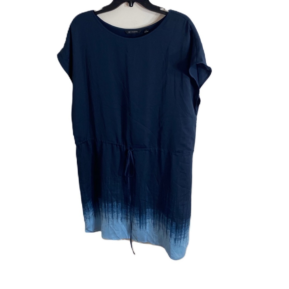 H By Halston Ombré Shirt Dress Sz Large Short Sleeve String Waist Tie Blue